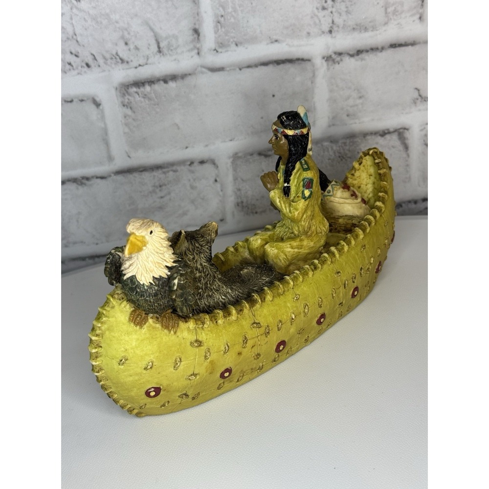 Native American Indian In Canoe Wolf And Bald Eagle Resin Sculpture Young's - Picture 2 of 7